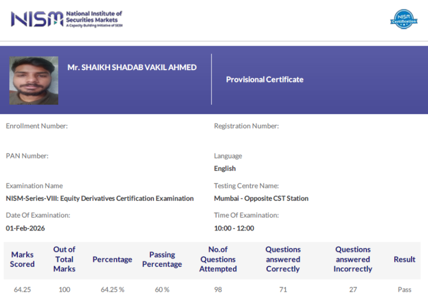 Shaikh Shadab Ahmed  NISM Exams Testimonial